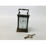 FRENCH BRASS CARRIDGE CLOCK AND KEY MARKED ANGELUS, H 11.5CM.