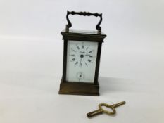 FRENCH BRASS CARRIDGE CLOCK AND KEY MARKED ANGELUS, H 11.5CM.