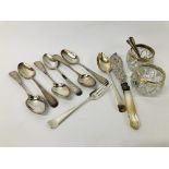 SET OF SIX ANTIQUE STERLING SILVER TEASPOONS + A FURTHER SILVER SPOON AND FORK ETC + PAIR OF SILVER