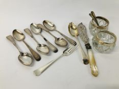SET OF SIX ANTIQUE STERLING SILVER TEASPOONS + A FURTHER SILVER SPOON AND FORK ETC + PAIR OF SILVER