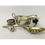 COLLECTION OF SILVER TO INCLUDE SILVER SAUCE BOAT, BIRMINGHAM ASSAY, SILVER SERVIETTE RING AND TOP,