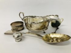 COLLECTION OF SILVER TO INCLUDE SILVER SAUCE BOAT, BIRMINGHAM ASSAY, SILVER SERVIETTE RING AND TOP,