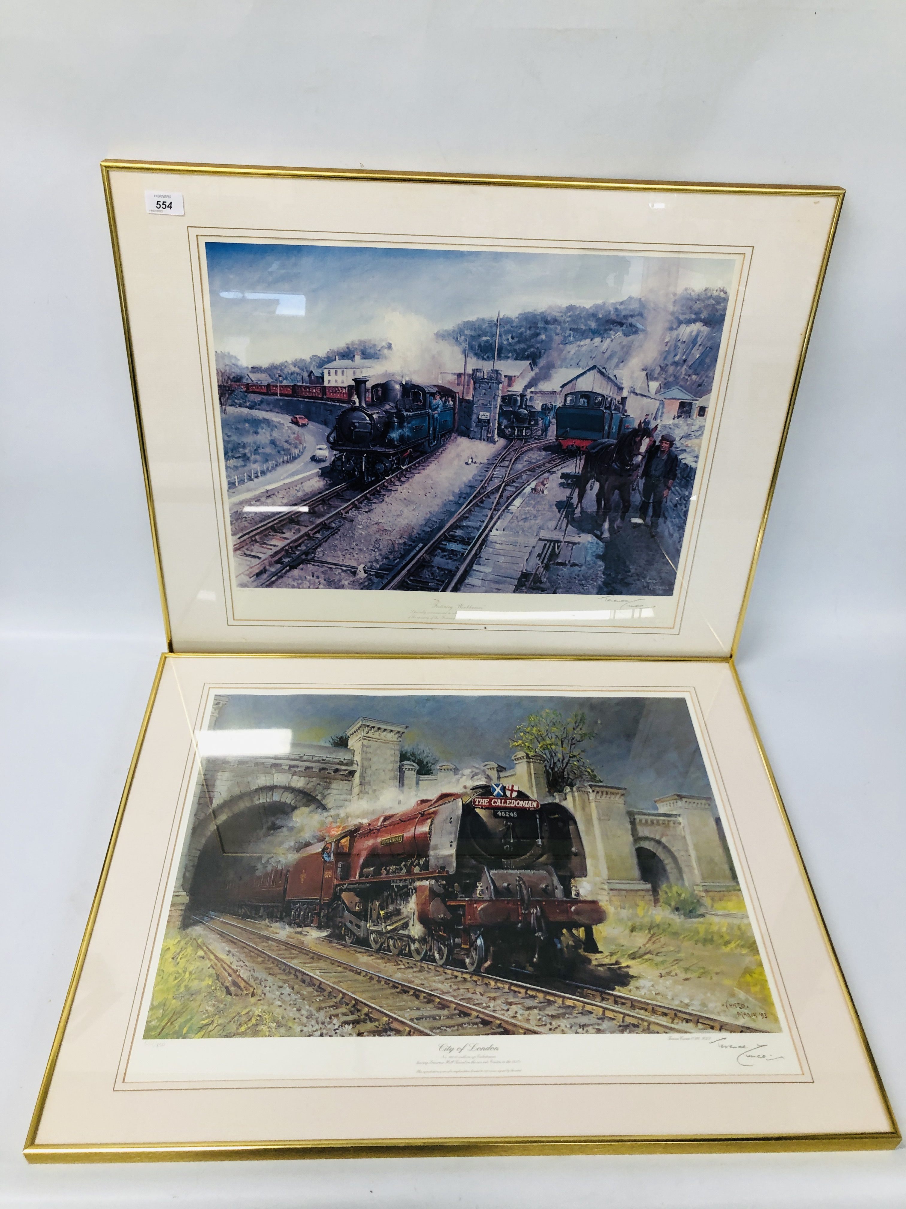 A FRAMED AND MOUNTED PRINT OF "FESTINIOG WORK HORSES" BEARING SIGNATURE TERENCE CUNEO ALONG WITH A