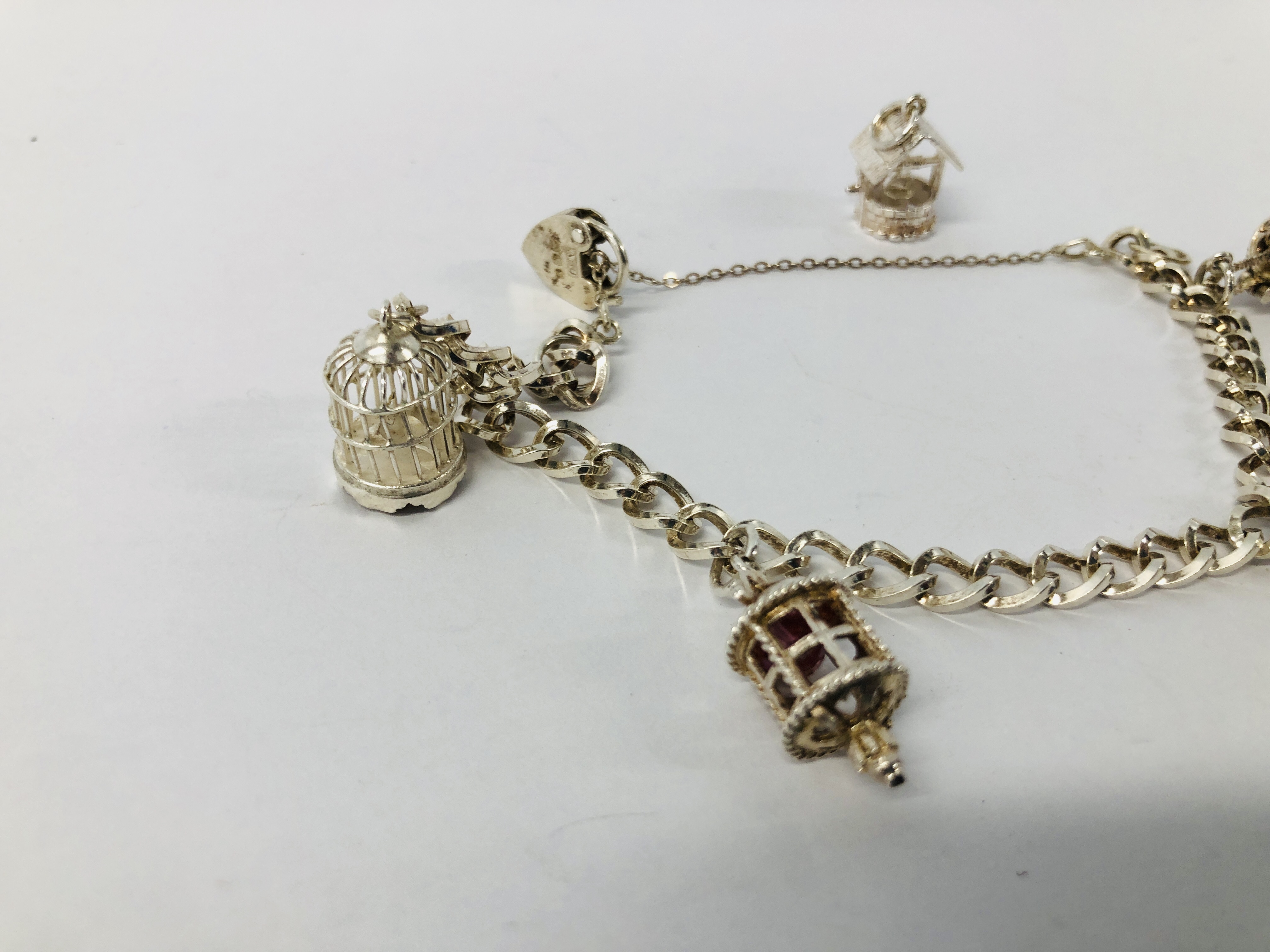 A SILVER CHARM BRACELET WITH FIVE ATTACHED CHARMS TO INCLUDE BIRD CAGE, WISHING WELL, CART ETC. - Image 4 of 8