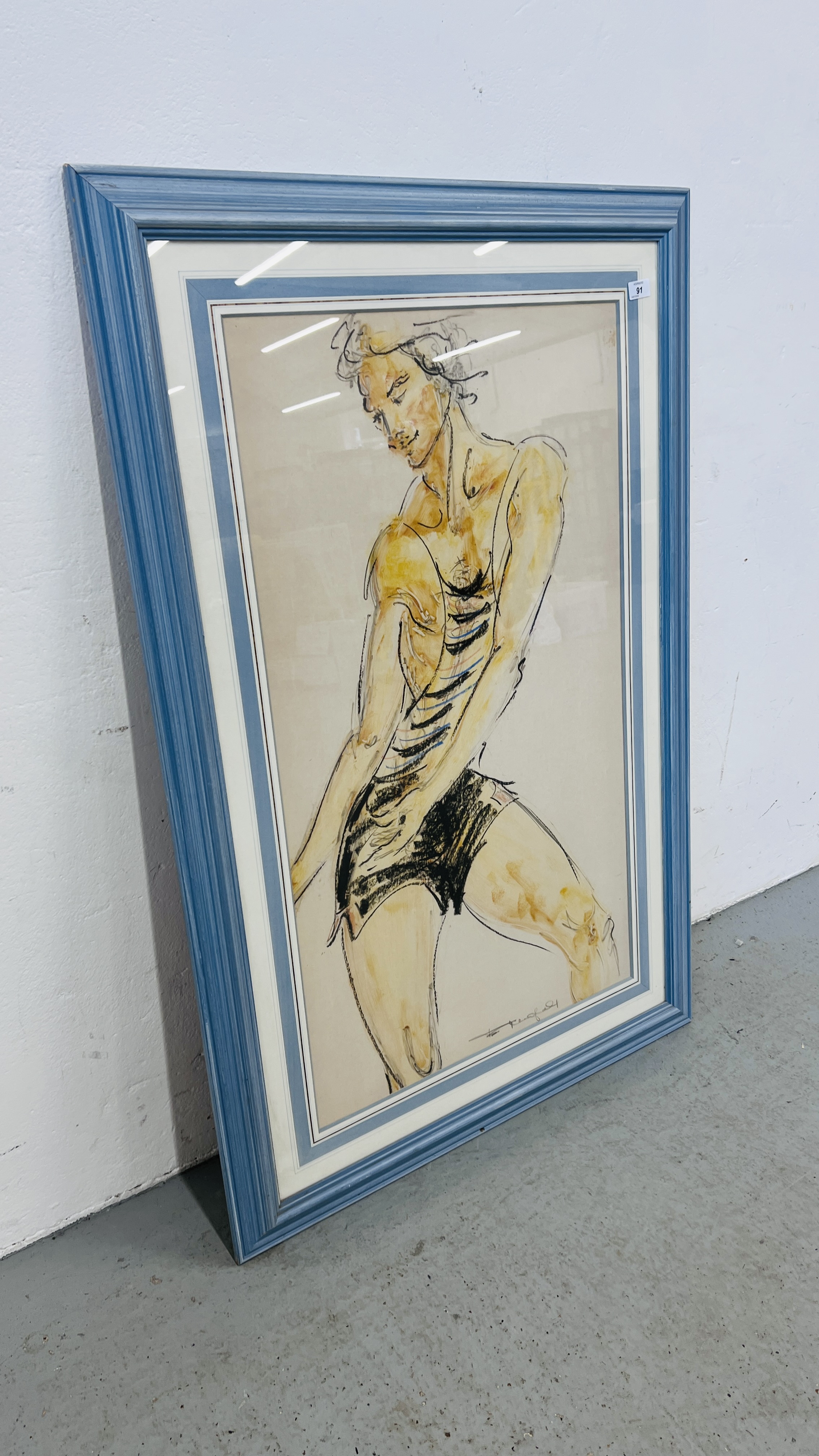 A CONTEMPORARY WATERCOLOUR LIFE STUDY OF MALE DANCER, INDISTINCT SIGNATURE - 97 X 55CM, - Image 4 of 5