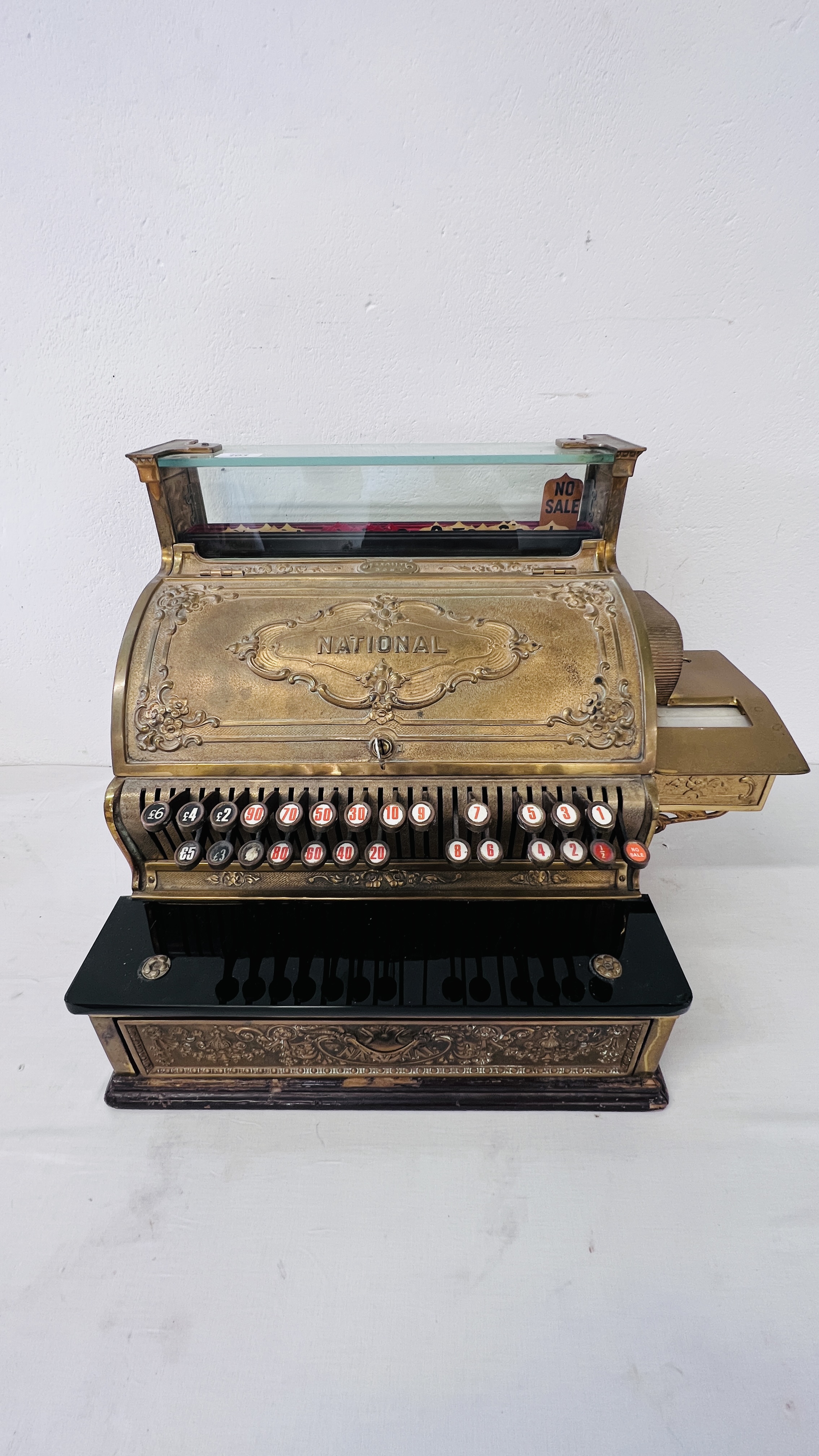 A LARGE 19TH CENTURY NATIONAL CASH REGISTER BRASS TILL - WIDTH 55CM BEARING PLAQUE S4504131358-G.