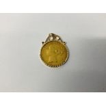 1852 GOLD SOVEREIGN - VICTORIA YOUNG HEAD SHIELD BACK LONDON IN 9CT GOLD PENDANT MOUNT.