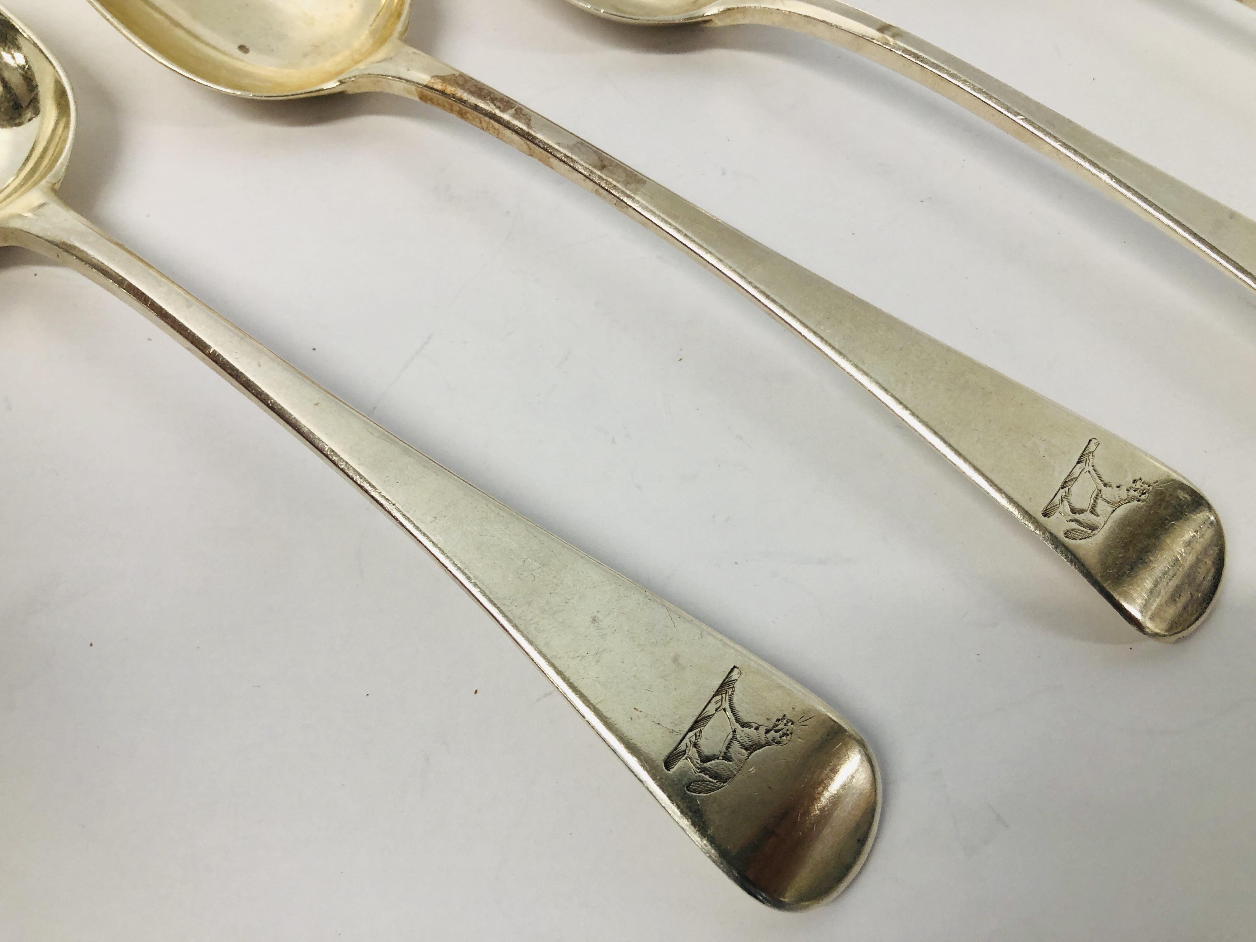 FOUR ANTIQUE STERLING SILVER OLD ENGLISH PATTERN SERVING SPOONS, - Image 5 of 8