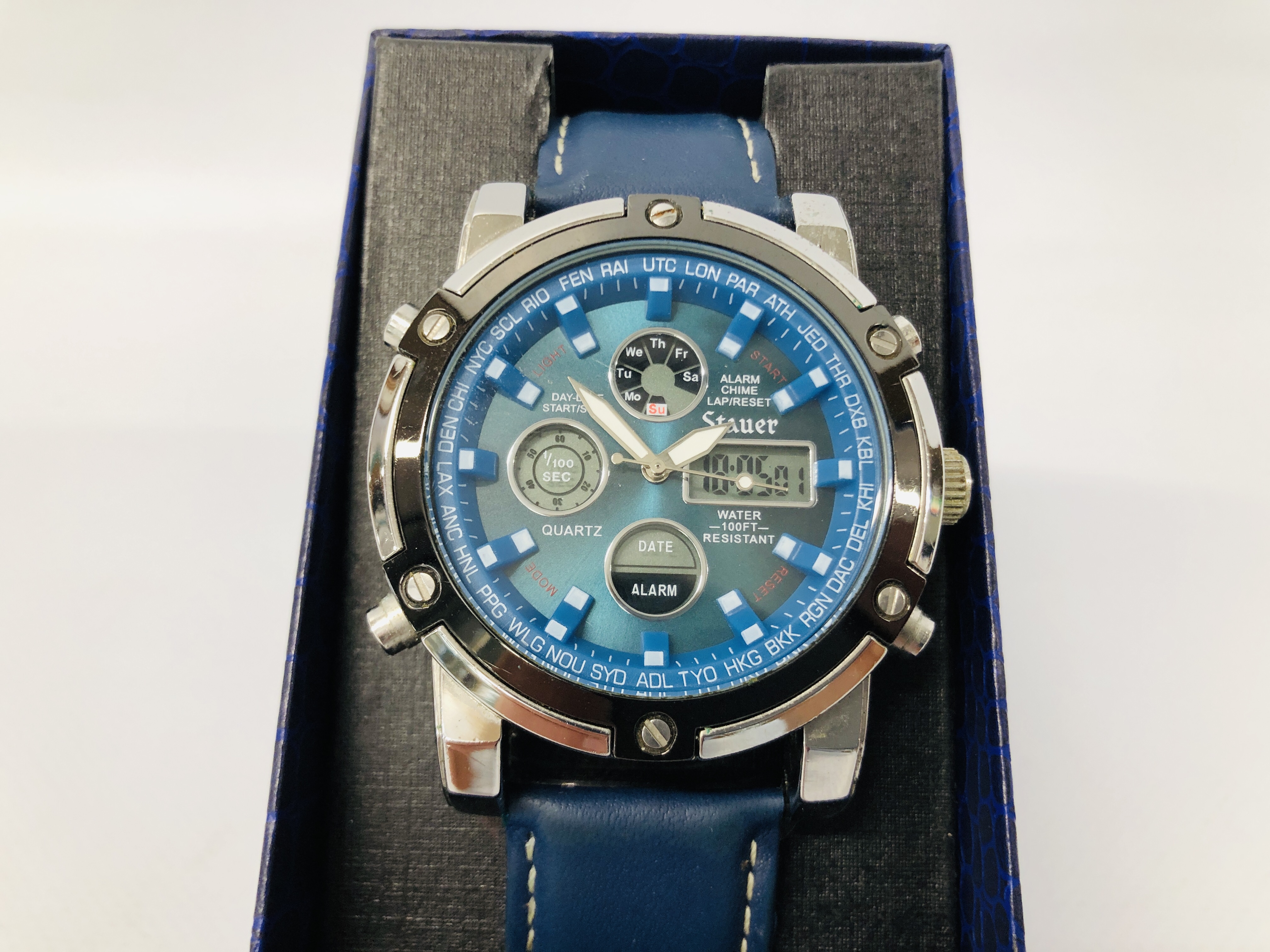 BOXED DESIGNER BRANDED WRIST WATCH MARKED STAUER BLUE STONE CHRONOGRAPH WATCH - Image 2 of 7