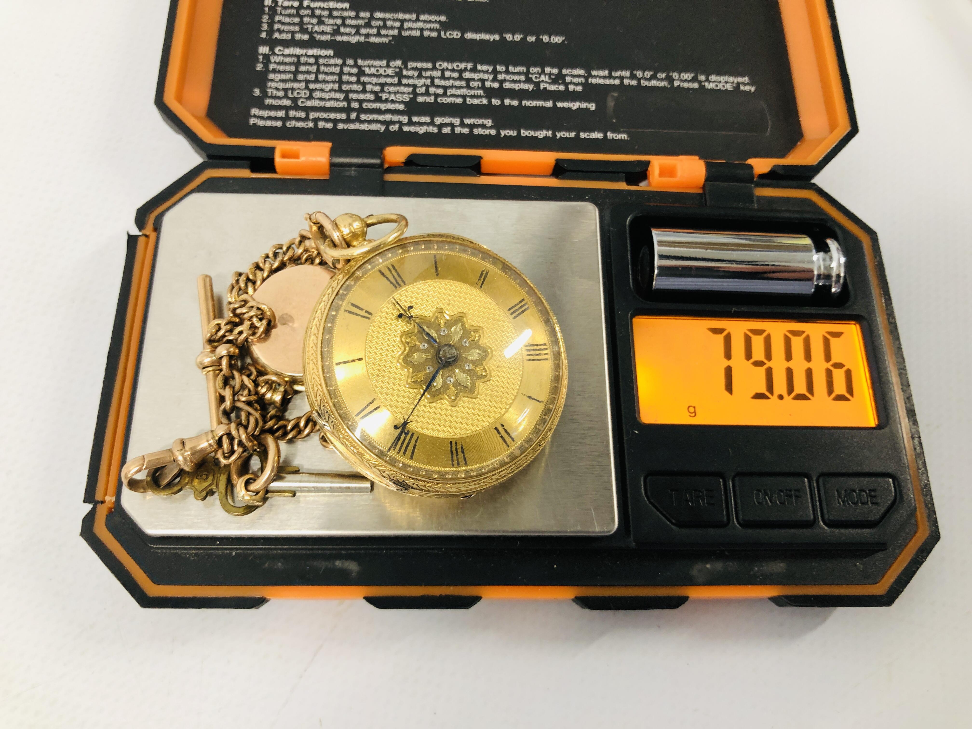 18CT GOLD CASED POCKET WATCH ON 9CT GOLD WATCH CHAIN PLUS VINTAGE YELLOW METAL FOB MARKED 10. - Image 17 of 17