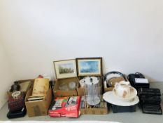 EIGHT BOXES OF ASSORTED HOUSEHOLD SUNDRIES TO INCLUDE GLASS AND CHINA WARE, VINTAGE JUG AND BOWL,