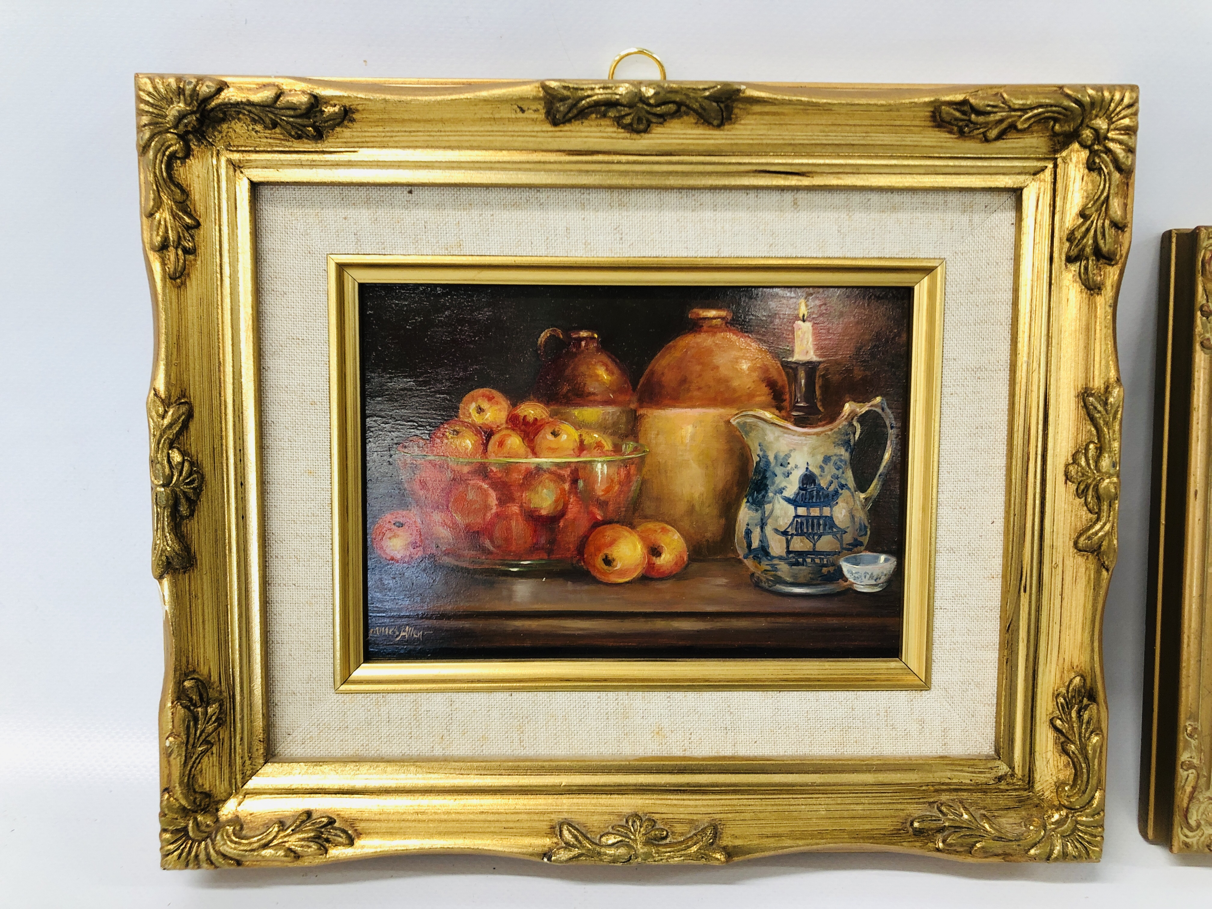 TWO FRAMED AND MOUNTED OIL ON BOARD STILL LIFE'S BEARING SIGNATURE JAMES ALLEN. - Image 2 of 9