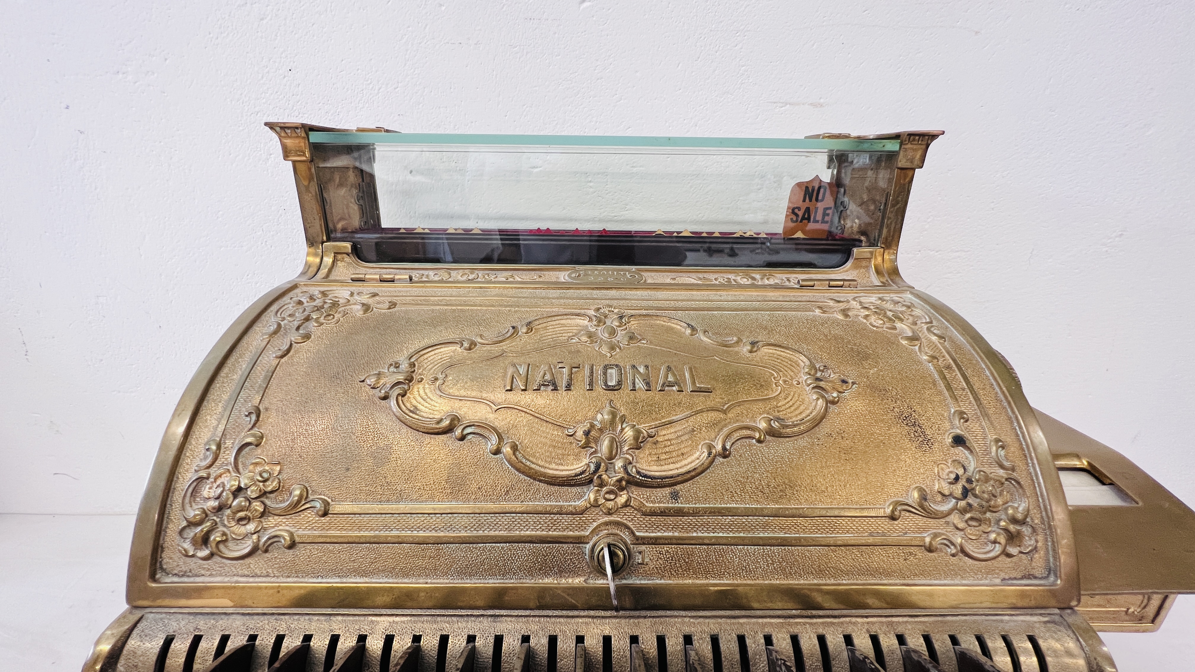 A LARGE 19TH CENTURY NATIONAL CASH REGISTER BRASS TILL - WIDTH 55CM BEARING PLAQUE S4504131358-G. - Image 5 of 24
