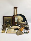 BOX OF COLLECTABLE'S TO INCLUDE HIP FLASK, BRASS BOX, PIPE RACK, MINATURE CELLO,