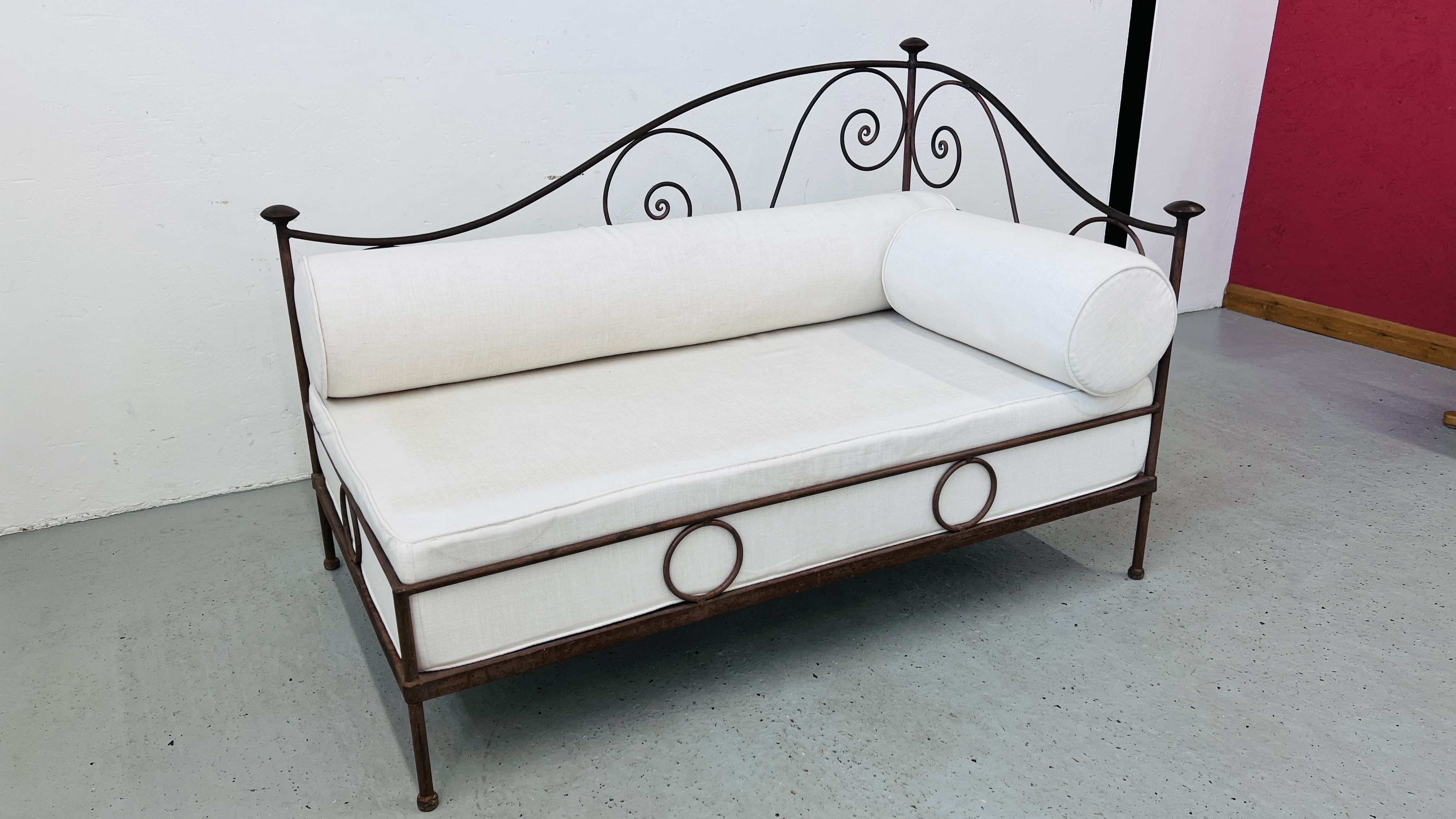 A FRENCH STYLE METALCRAFT CHAISE LOUNGE WITH CREAM UPHOLSTERED BASE AND BOLSTER CUSHIONS LENGTH - Image 3 of 13