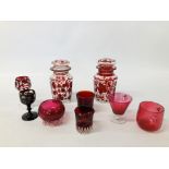 A COLLECTION OF BOHEMIAN AND CRANBERRY GLASS WARE TO INCLUDE PAIR LIDDED CANISTERS, LIQUEURS ETC.