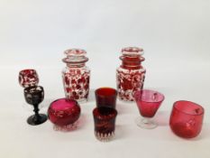 A COLLECTION OF BOHEMIAN AND CRANBERRY GLASS WARE TO INCLUDE PAIR LIDDED CANISTERS, LIQUEURS ETC.