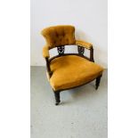 A VINTAGE MAHOGANY FRAMED TUB CHAIR ON CERAMIC CASTERS,