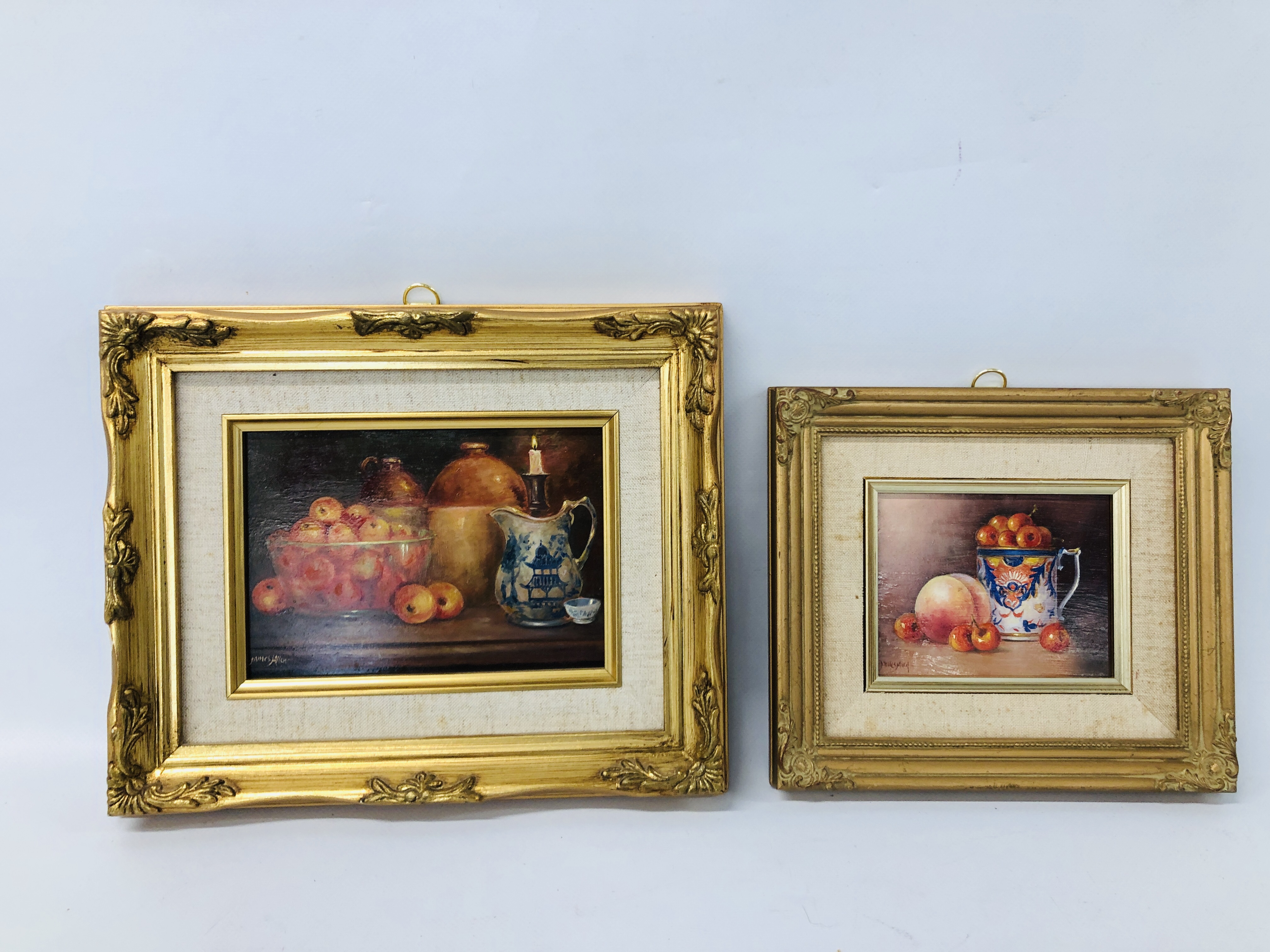 TWO FRAMED AND MOUNTED OIL ON BOARD STILL LIFE'S BEARING SIGNATURE JAMES ALLEN.