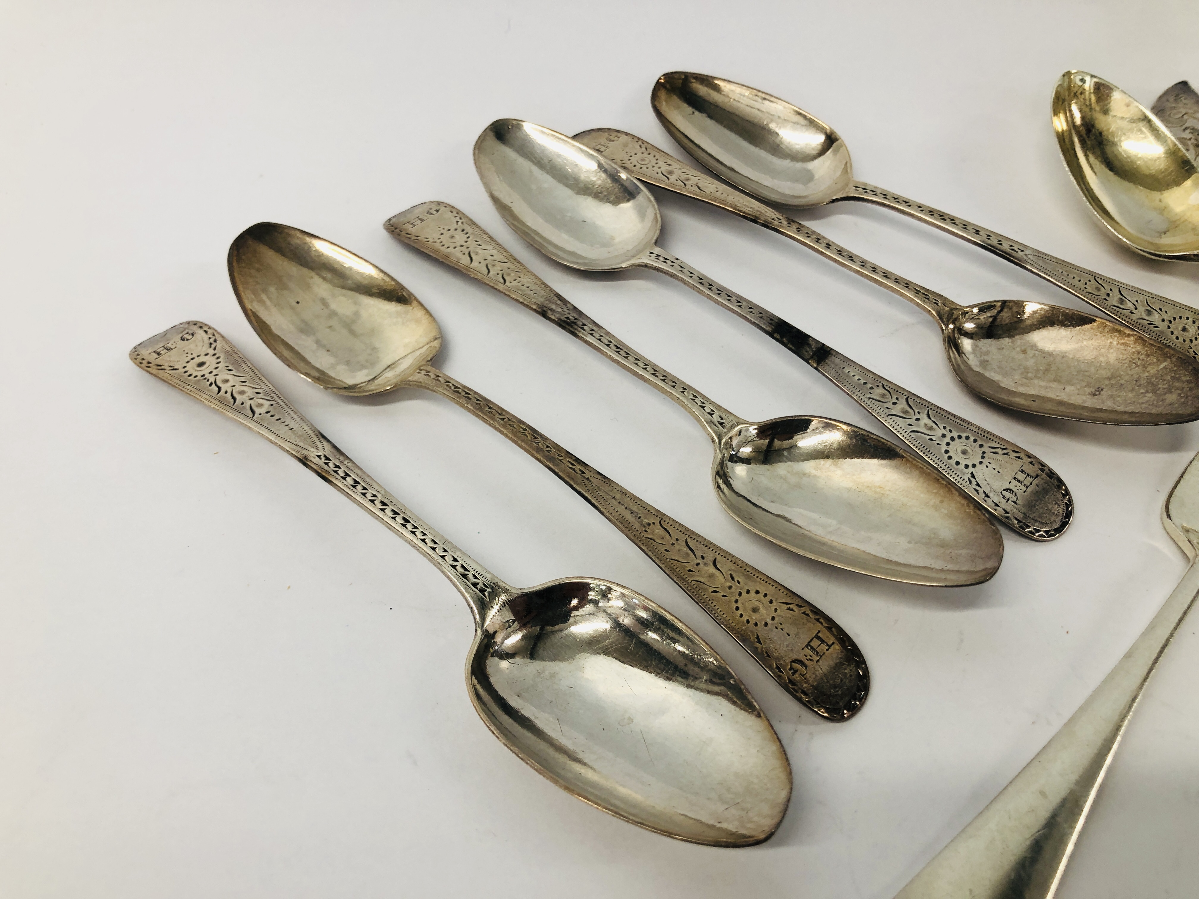 SET OF SIX ANTIQUE STERLING SILVER TEASPOONS + A FURTHER SILVER SPOON AND FORK ETC + PAIR OF SILVER - Image 2 of 14