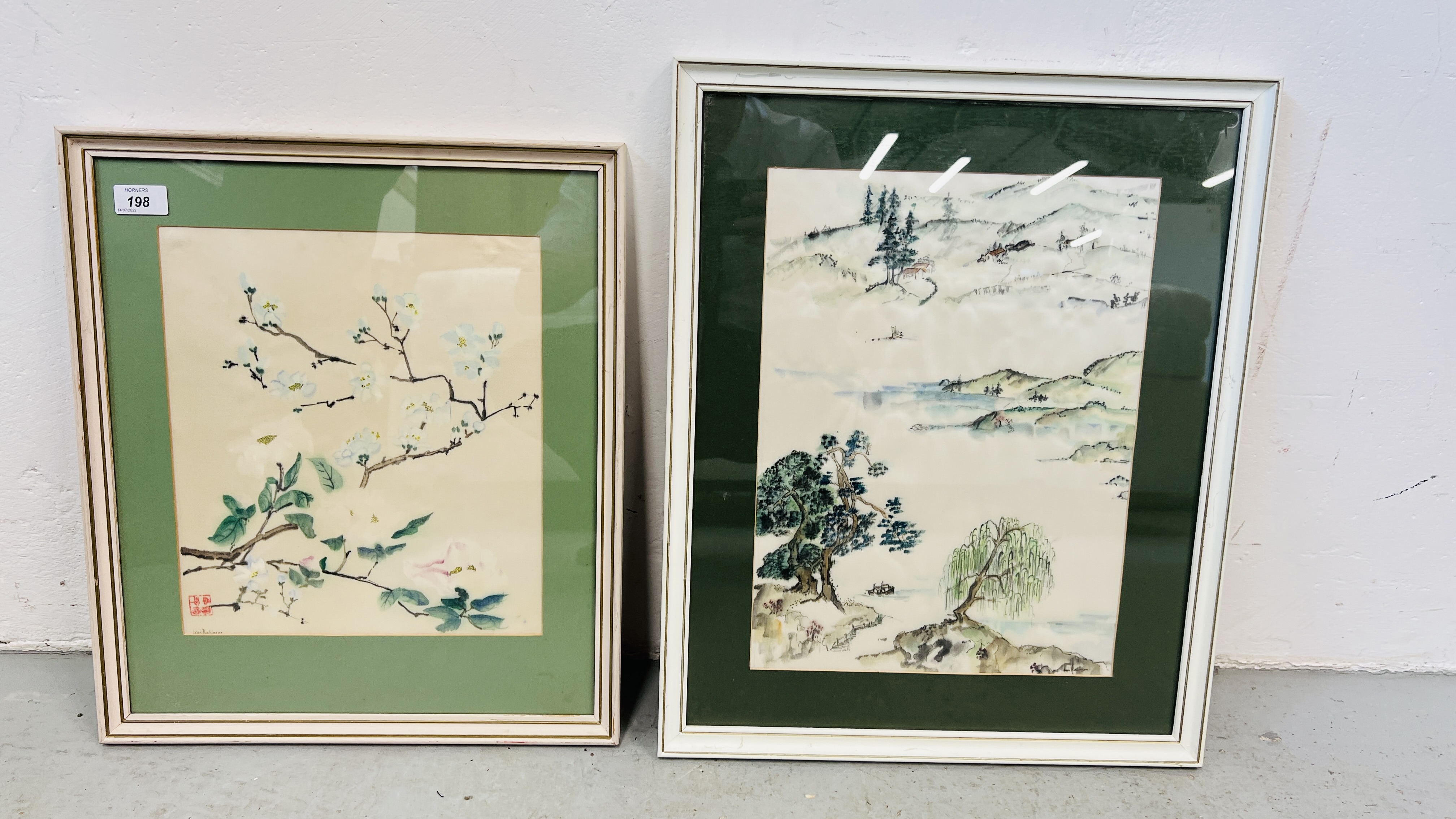 TWO FRAMED CHINESE BRUSH PAINTINGS BY JEAN ROBINSON.