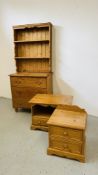 FOUR PIECES OF WAXED PINE FURNITURE TO INCLUDE WALL HANGING PLATE RACK, SINGLE DRAWER LOW CABINET,