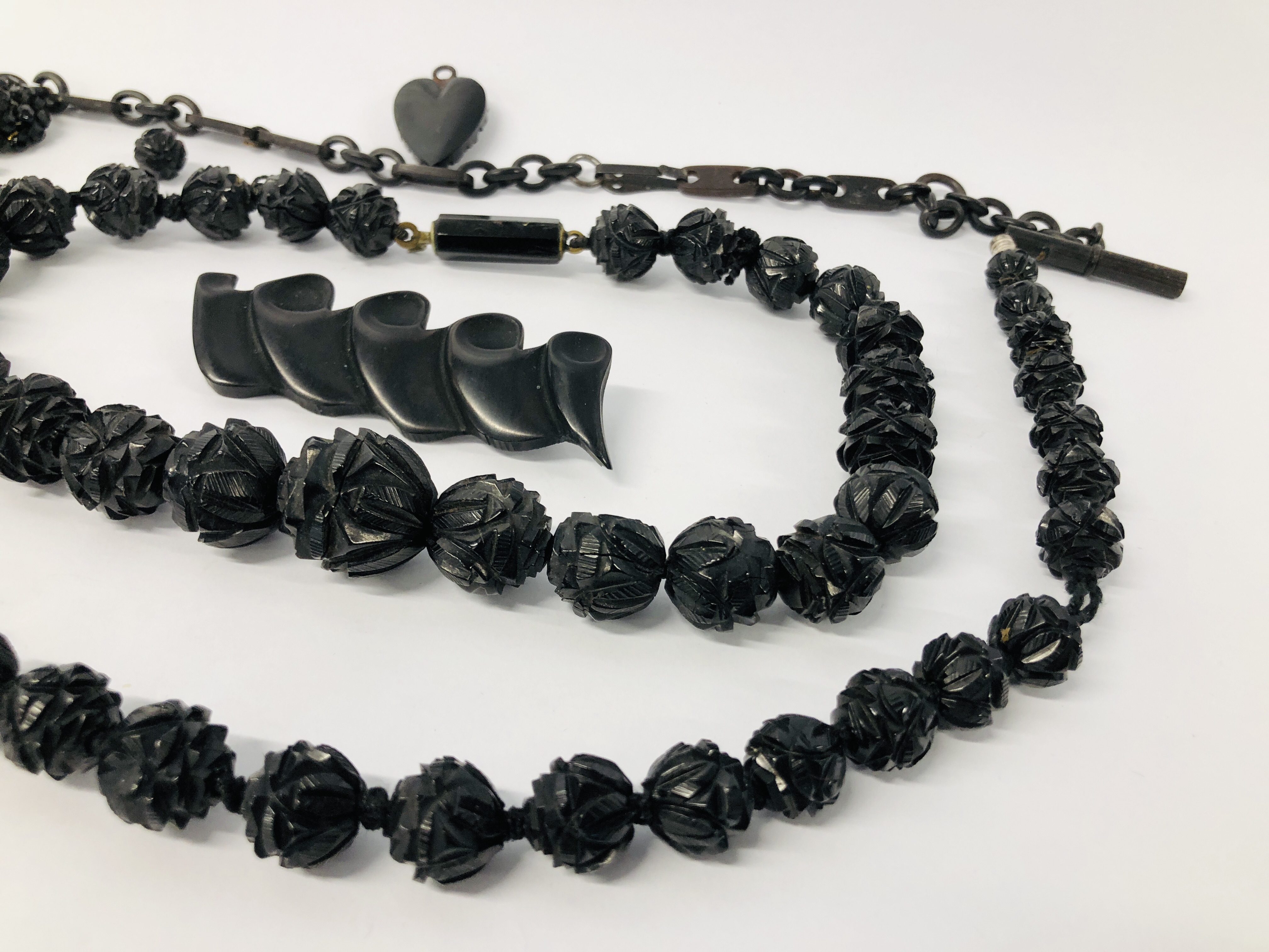 TWO VICTORIAN BLACK BEADED NECKLACES, PAIR OF EARRINGS, - Image 4 of 7