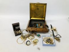 VINTAGE TIN OF ASSORTED SILVER AND COSTUME JEWELLERY TO INCLUDE WATCHES, BRACELETS,