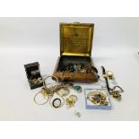 VINTAGE TIN OF ASSORTED SILVER AND COSTUME JEWELLERY TO INCLUDE WATCHES, BRACELETS,