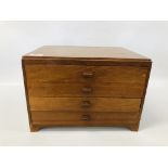 A SMALL MAHOGANY FOUR DRAWER COLLECTORS CHEST THE DRAWER LININGS COMPARTMENTED
