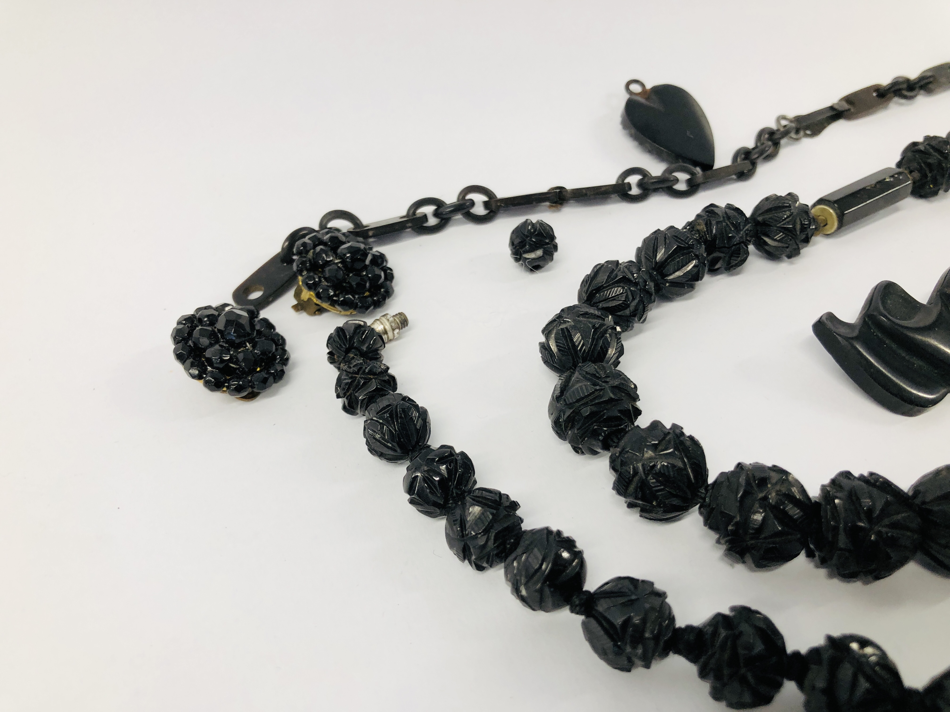 TWO VICTORIAN BLACK BEADED NECKLACES, PAIR OF EARRINGS, - Image 2 of 7