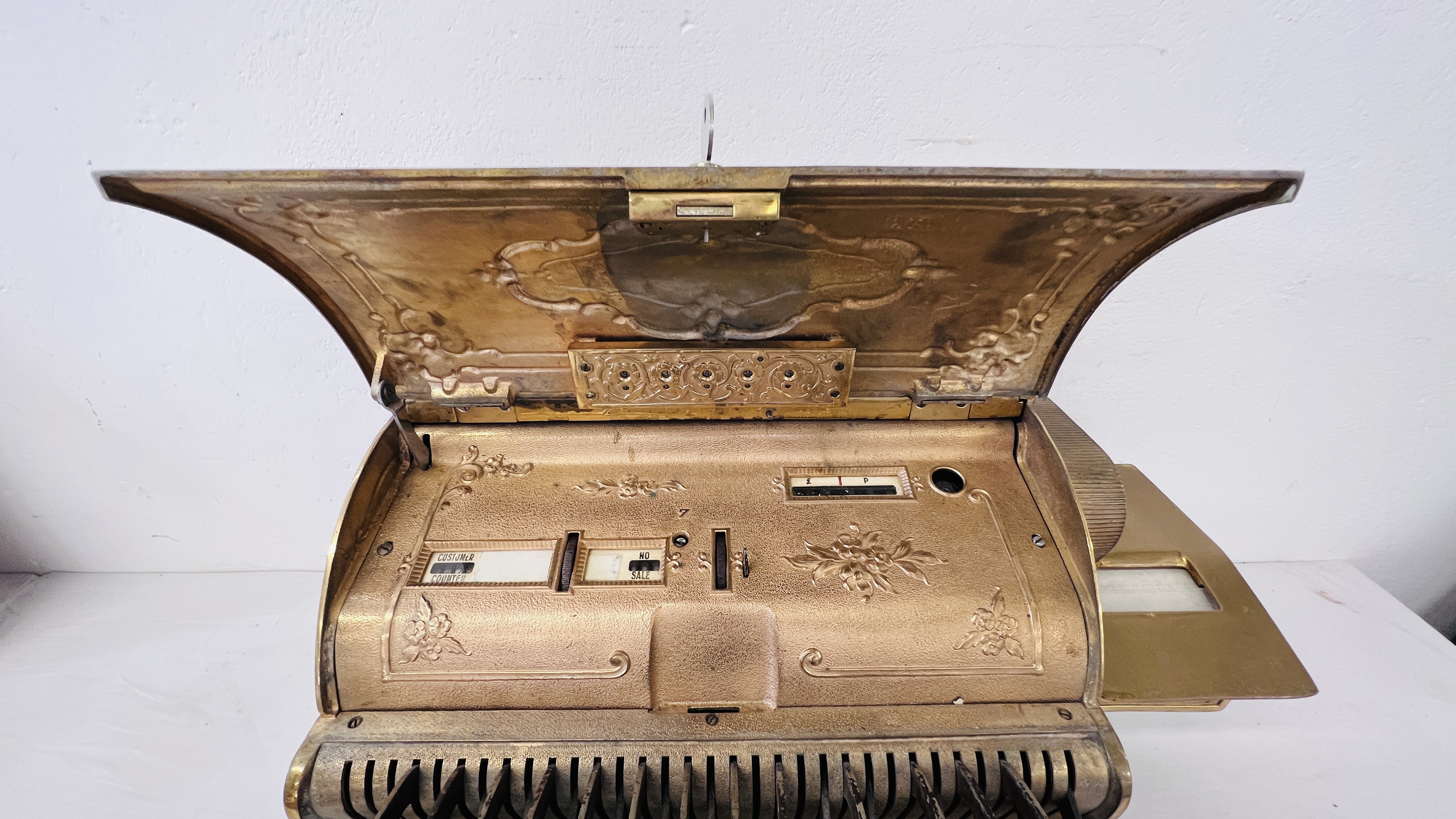 A LARGE 19TH CENTURY NATIONAL CASH REGISTER BRASS TILL - WIDTH 55CM BEARING PLAQUE S4504131358-G. - Image 12 of 24