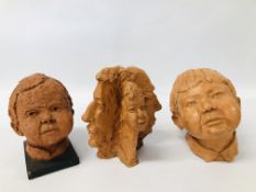 TWO STUDIO POTTERY CHILD BUSTS ALONG WITH A STUDIO POTTERY FOUR DIMENSIONAL FACE SCULPTURE BEARING