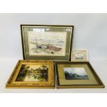 4 X FRAMED ORIGINAL ARTWORKS TO INCLUDE A WATERCOLOUR "ROWING BOATS AT ALRESFORD" BEARING SIGNATURE