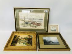 4 X FRAMED ORIGINAL ARTWORKS TO INCLUDE A WATERCOLOUR "ROWING BOATS AT ALRESFORD" BEARING SIGNATURE