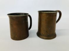 TWO VINTAGE COPPER MINERS TANKARDS ONE STAMPED T. OLDHAM.