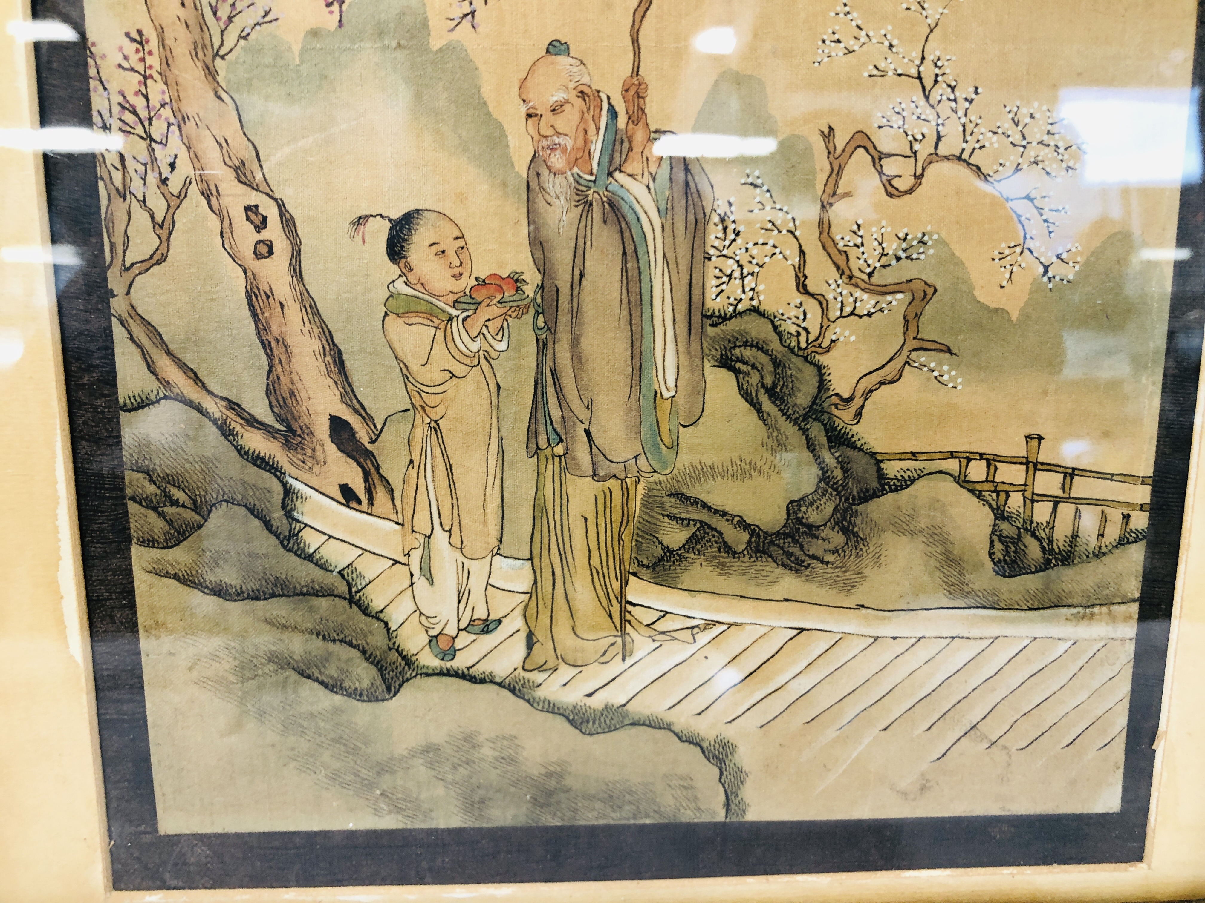 A PAIR OF ORIENTAL WATERCOLOURS OF BOY & MAN AND WOMEN & STALK H 24CM , W 19.5CM. - Image 7 of 8