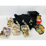 AN EXTENSIVE COLLECTION OF ENAMELLED BOWLS MEDAL AND BADGES ALONG WITH A VINTAGE GENTS JACKET