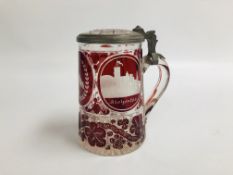 VINTAGE GLASS STEIN WITH ETCHED GLASS DETAIL