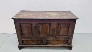 ANTIQUE SOLID OAK TWO DRAWER MULE CHEST W 125CM, D 54CM, H 79CM.