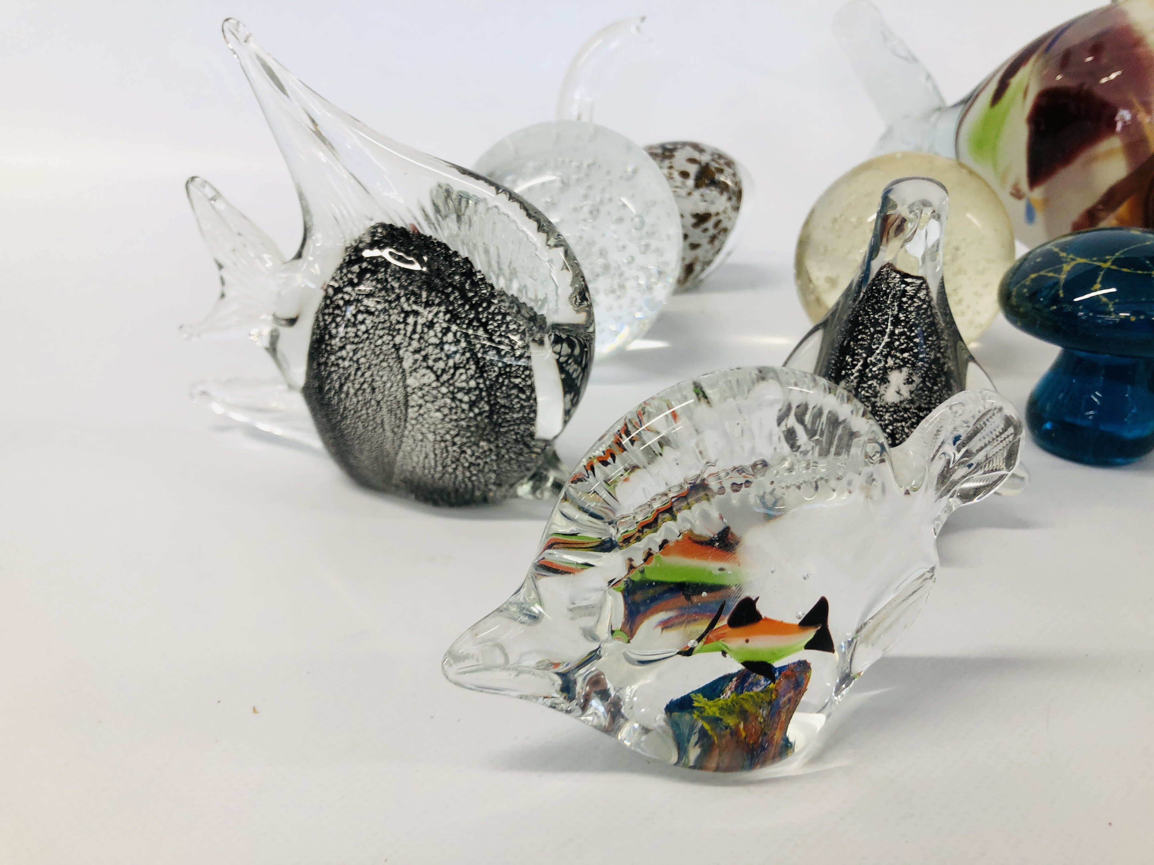 COLLECTION OF ART GLASS PAPERWEIGHTS TO INCLUDE MADINA MUSHROOMS AND AN ART GLASS MURANO STYLE FISH - Image 2 of 6