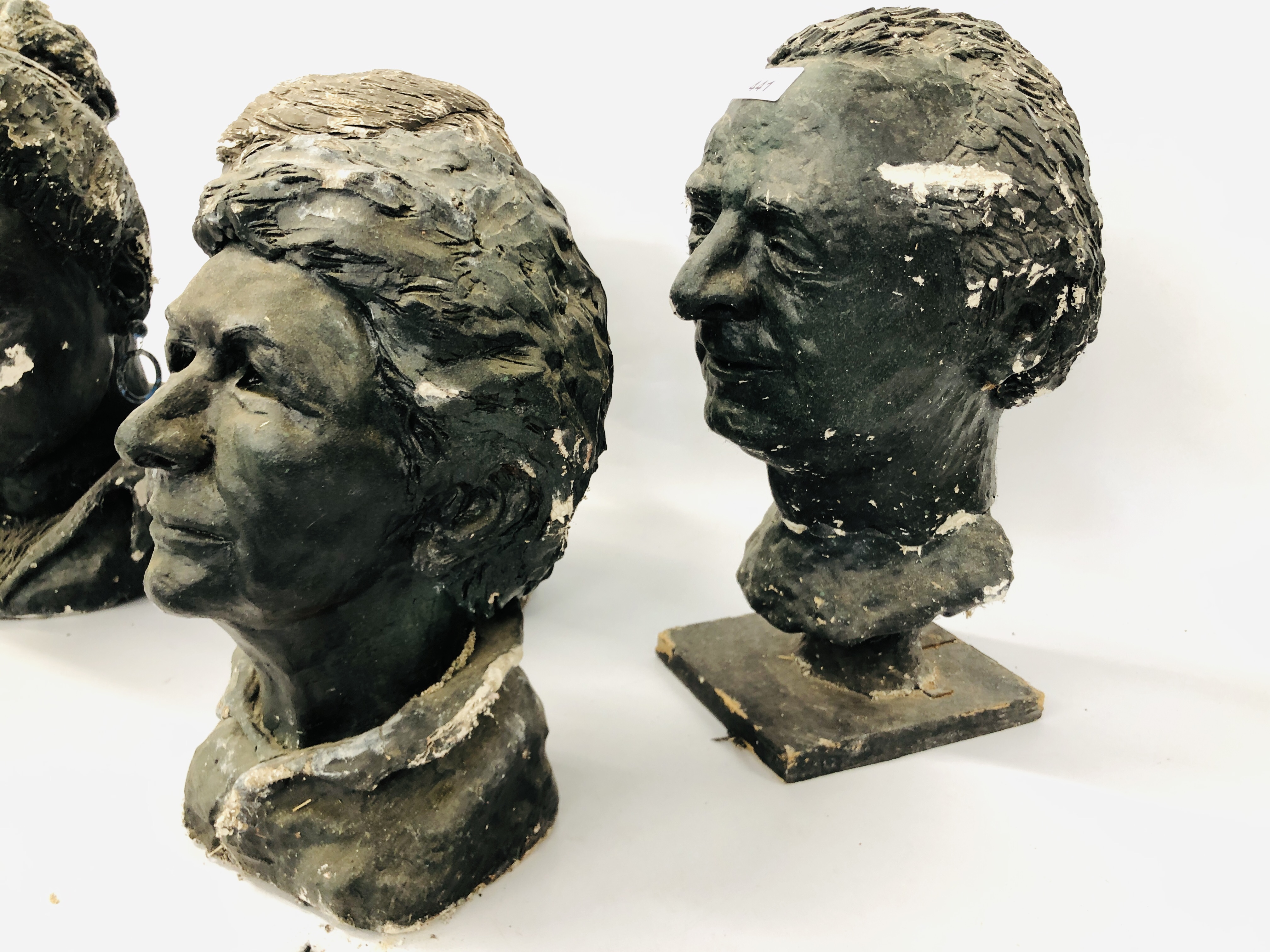 FOUR LARGE PLASTER BUSTS TO INCLUDE THREE MALES AND ONE FEMALE A/F APPROX. HEIGHT 40CM. - Image 4 of 4