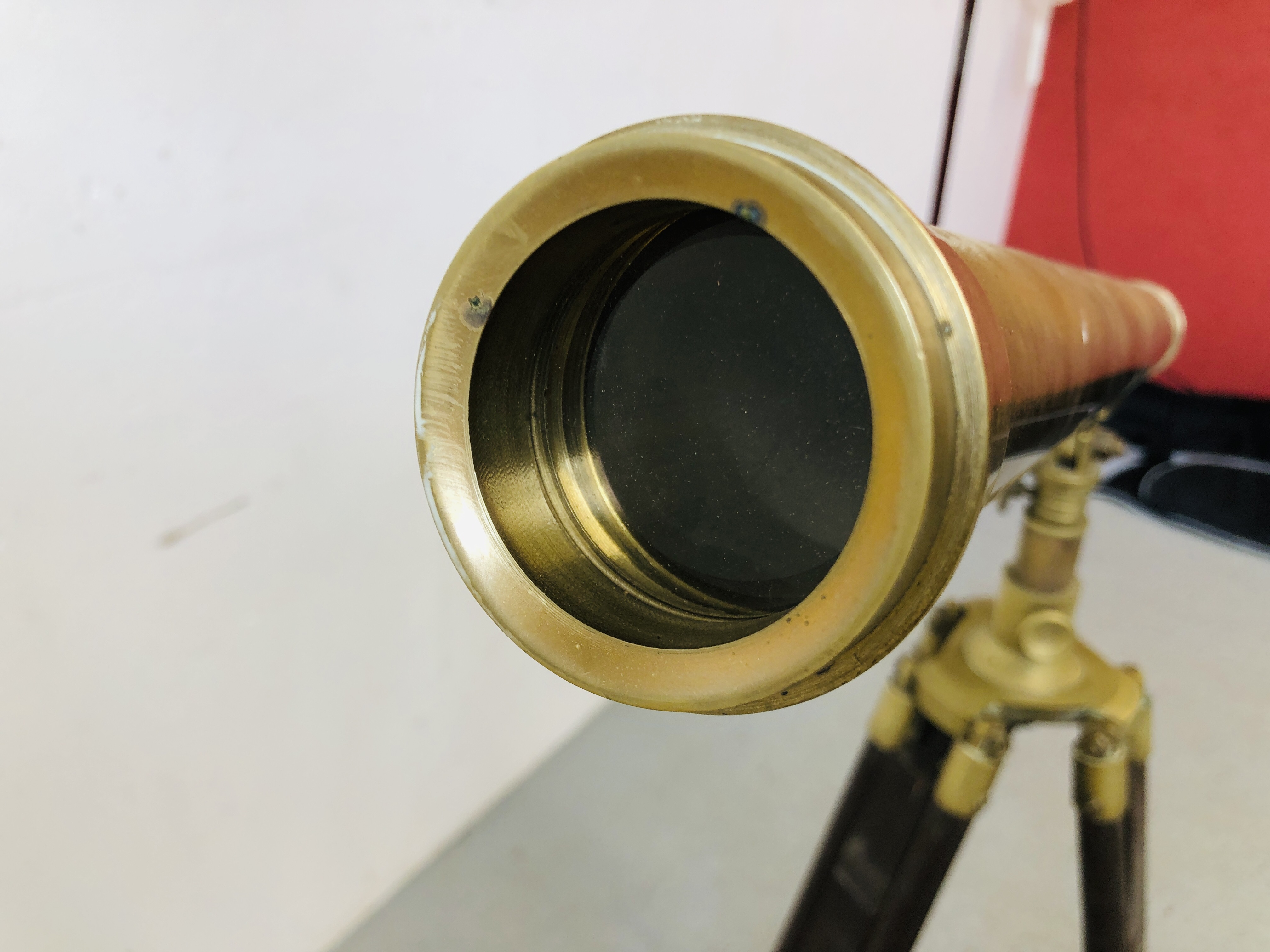 A VINTAGE BRASS TELESCOPE IN FITTED WOODEN TRAVEL BOX ALONG WITH ADJUSTABLE BRASS AND WOODEN LEGGED - Image 2 of 10