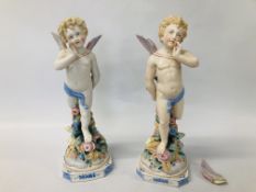 PAIR OF PORCELAIN CHERUB FIGURES INDISTINCT MAKERS MARK (A/F) H 36CM.