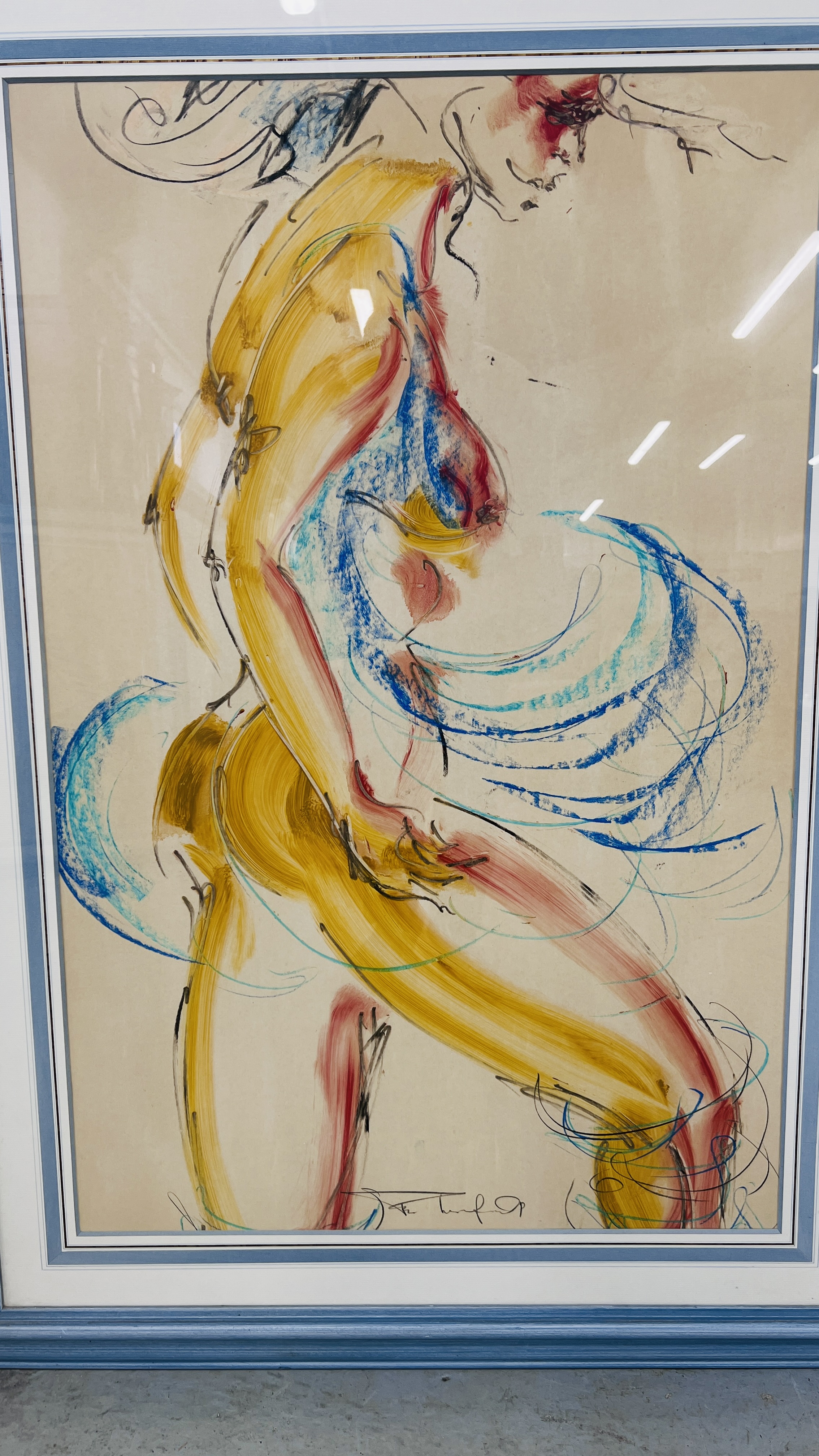 A CONTEMPORARY WATERCOLOUR LIFE STUDY OF FEMALE DANCER, INDISTINCT SIGNATURE - 95 X 61CM, - Image 2 of 5