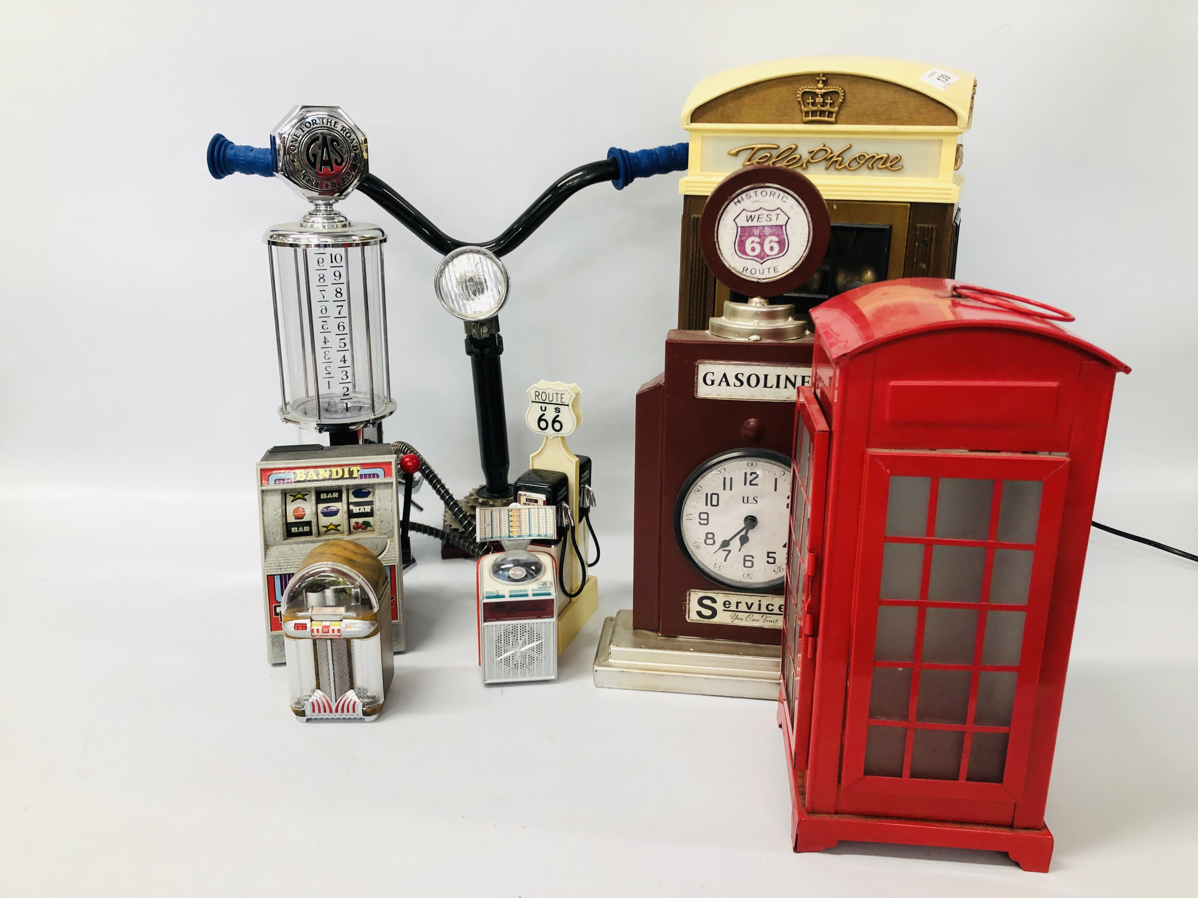 QUANTITY OF NOVELTY ITEMS TO INCLUDE GAS PUMPS, BANDIT, TELEPHONE BOX,