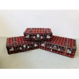 A SET OF THREE GOLDEN LEAF BLACK AND RED PATTERNED LEATHER BOUND SUIT CASES WITH KEYS.
