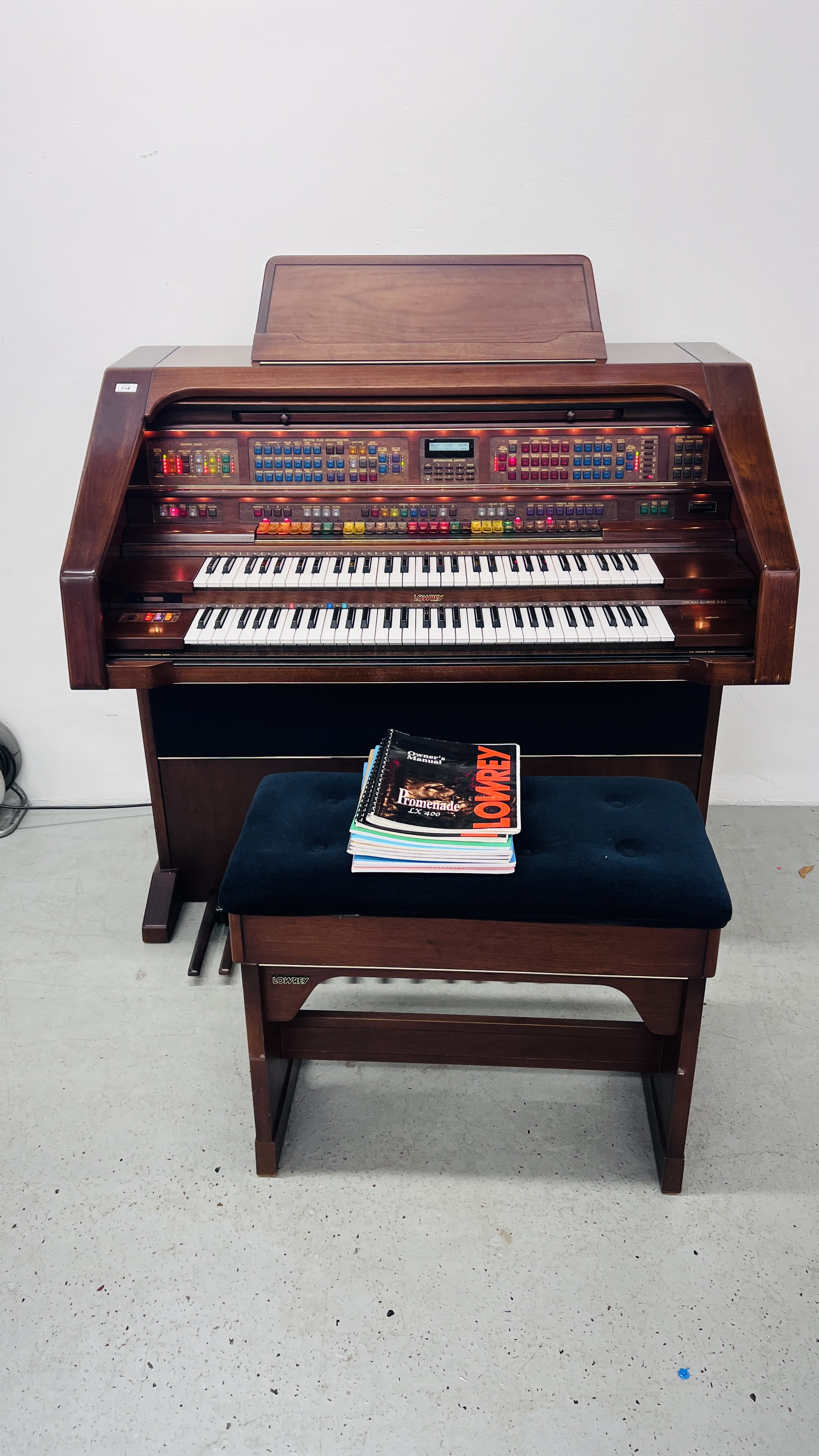 A LOWREY PROMENADE LX400 ELECTRIC ORGAN COMPLETE WITH LOWREY STOOL,