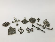 COLLECTION OF EIGHT VINTAGE SILVER MARCASITE PENDANTS ALONG WITH FOUR SILVER BROOCHES MAINLY