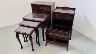 A REPRODUCTION FALLING FRONT MAHOGANY FINISH CABINET WITH DRAWERS W 63CM, D 41CM,
